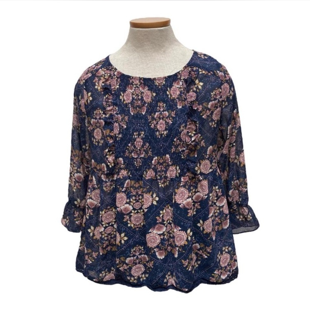 3/$20 Knox Rose Flowy Floral Boho Blouse Cottagecore Ruffle Navy Blue Women’s XS